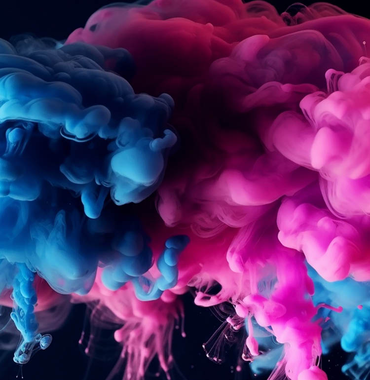 Paint Ink drop in water, Motion color explosion smoke, Blue pink color fluid splash vapor cloud on glitter dust texture black abstract art background; Shutterstock ID 2313909587; purchase_order: -; job: -; client: -; other: -